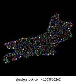 Bright mesh Piaui State map with lightspot effect. Wire frame triangular mesh in vector format on a black background. Abstract 2d mesh designed with triangular lines, small circle,