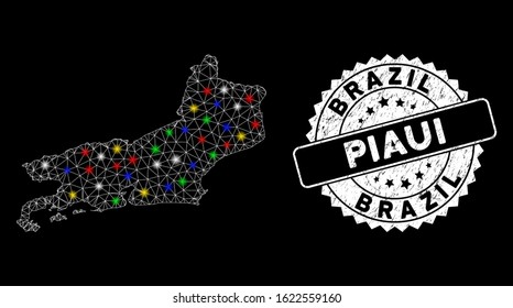 Bright mesh Piaui State map with lightspot effect, and rubber print. Wire carcass triangular Piaui State map mesh in vector format on a black background. White round seal with rubber texture.