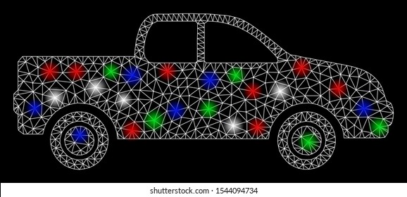 Bright mesh pickup with glare effect. White wire carcass triangular mesh in vector format on a black background. Abstract 2d mesh designed with triangles, small circle, colorful glare spots.