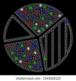 Bright mesh pie chart with glare effect. White wire carcass polygonal mesh in vector format on a black background. Abstract 2d mesh created from polygonal grid, small circle, colorful glare spots.