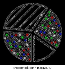 Bright mesh pie chart with lightspot effect. White wire frame polygonal mesh in vector format on a black background. Abstract 2d mesh built from polygonal grid, dots, colored flash spots.