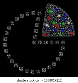 Bright mesh pie chart with lightspot effect. White wire frame triangular network in vector format on a black background. Abstract 2d mesh designed with triangular lines, small circle,
