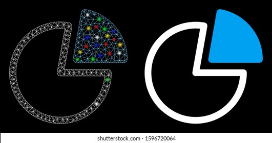 Bright mesh pie charts icon with glitter effect. Abstract illuminated model of pie charts. Shiny wire carcass triangular mesh pie charts icon. Vector abstraction on a black background.
