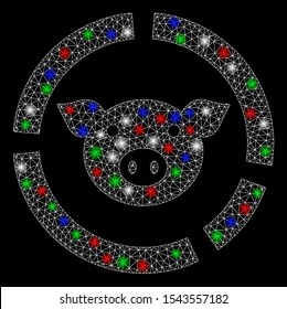Bright mesh pig diagram with glare effect. White wire frame triangular mesh in vector format on a black background. Abstract 2d mesh designed with polygonal grid, dots, colorful glare spots.