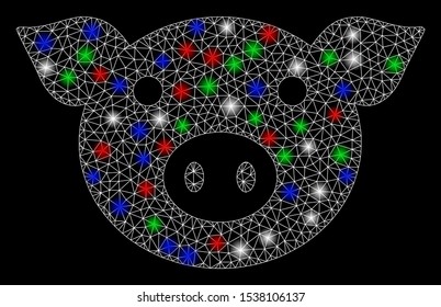 Bright mesh pig head with glare effect. White wire carcass triangular mesh in vector format on a black background. Abstract 2d mesh designed with triangular lines, round dots, colorful flare spots.