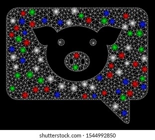 Bright mesh pig message with glow effect. White wire carcass polygonal mesh in vector format on a black background. Abstract 2d mesh designed with triangles, spheric points, colorful flash spots.