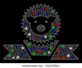 Bright mesh pig reward ribbon with glare effect. White wire frame polygonal mesh in vector format on a black background. Abstract 2d mesh built from polygonal grid, spheric points,