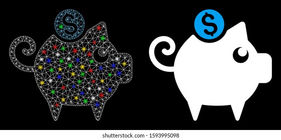 Bright mesh piggy bank icon with sparkle effect. Abstract illuminated model of piggy bank. Shiny wire carcass triangular mesh piggy bank icon. Vector abstraction on a black background.