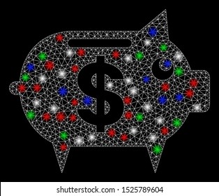 Bright mesh piggy bank with lightspot effect. White wire carcass triangular mesh in vector format on a black background. Abstract 2d mesh designed with triangles, spheric points, colored glare spots.