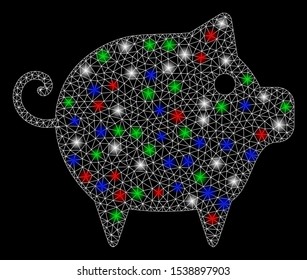 Bright mesh piggy with glare effect. White wire carcass polygonal mesh in vector format on a black background. Abstract 2d mesh designed with polygonal grid, round dots, colorful flare spots.