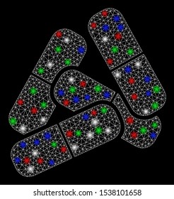 Bright mesh pills with glare effect. White wire carcass polygonal mesh in vector format on a black background. Abstract 2d mesh created from triangles, small circle, colorful glare spots.