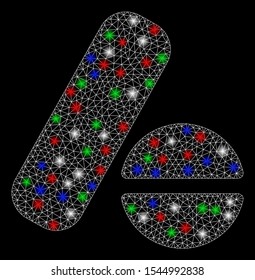 Bright mesh pills with glow effect. White wire frame polygonal mesh in vector format on a black background. Abstract 2d mesh designed with triangles, spheric points, colorful glare spots.