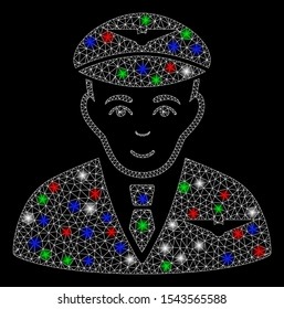 Bright mesh pilot with glare effect. White wire frame triangular mesh in vector format on a black background. Abstract 2d mesh designed with triangular lines, round dots, colored glare spots.