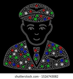 Bright mesh pilot with glow effect. White wire frame polygonal mesh in vector format on a black background. Abstract 2d mesh designed with triangular lines, round dots, colorful light spots.