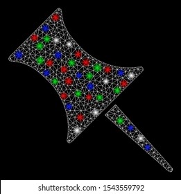 Bright mesh pin with glare effect. White wire frame polygonal network in vector format on a black background. Abstract 2d mesh designed with polygonal grid, points, colored glare spots.