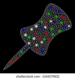 Bright mesh pin with glow effect. White wire frame polygonal mesh in vector format on a black background. Abstract 2d mesh designed with polygonal grid, small circle, colored flare spots.