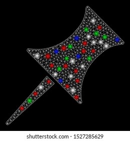 Bright mesh pin with lightspot effect. White wire frame triangular mesh in vector format on a black background. Abstract 2d mesh designed with triangular lines, spheric points, colored flash spots.