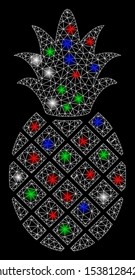Bright mesh pineapple with glare effect. White wire frame triangular mesh in vector format on a black background. Abstract 2d mesh designed with triangles, spheric points, colored glare spots.