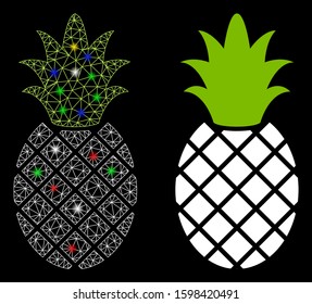 Bright mesh pineapple icon with sparkle effect. Abstract illuminated model of pineapple. Shiny wire carcass triangular mesh pineapple icon. Vector abstraction on a black background.