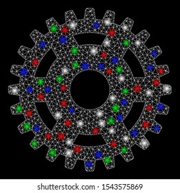 Bright mesh pinion with glare effect. White wire frame triangular mesh in vector format on a black background. Abstract 2d mesh designed with triangular lines, round dots, colored light spots.