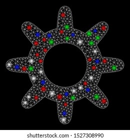 Bright mesh pinion with glow effect. White wire carcass polygonal mesh in vector format on a black background. Abstract 2d mesh designed with triangles, small circle, colored light spots.