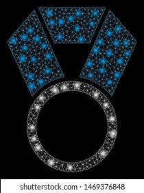 Bright mesh place medal template with lightspot effect. Abstract illuminated model of place medal template icon. Shiny wire carcass triangular mesh place medal template.