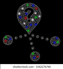 Bright mesh place question with glow effect. White wire frame polygonal mesh in vector format on a black background. Abstract 2d mesh designed with polygonal grid, small circle, colorful glare spots.