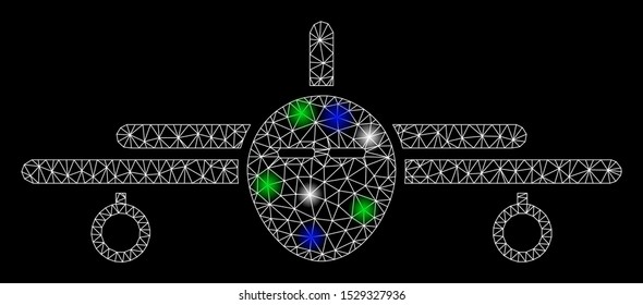 Bright mesh plane with glow effect. White wire frame triangular mesh in vector format on a black background. Abstract 2d mesh designed with triangular lines, spheric points, colorful flash spots.