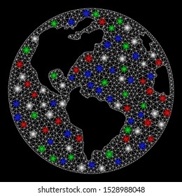 Bright mesh planet Earth with glare effect. White wire carcass triangular network in vector format on a black background. Abstract 2d mesh designed with triangular lines, small circle,