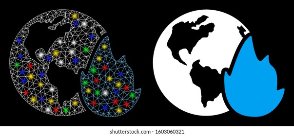 Bright mesh planet flame icon with sparkle effect. Abstract illuminated model of planet flame. Shiny wire carcass polygonal mesh planet flame icon. Vector abstraction on a black background.