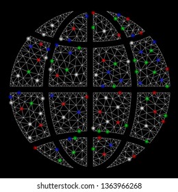 Bright mesh planet globe with lightspot effect. Wire carcass triangular mesh in vector format on a black background. Abstract 2d mesh designed with triangular lines, points, colored light spots.