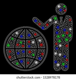 Bright mesh planetary manager with glare effect. White wire frame polygonal mesh in vector format on a black background. Abstract 2d mesh designed with triangular lines, small circle,