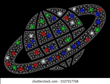 Bright mesh planetary ring with glare effect. White wire frame polygonal network in vector format on a black background. Abstract 2d mesh designed with polygonal grid, points, colored glare spots.