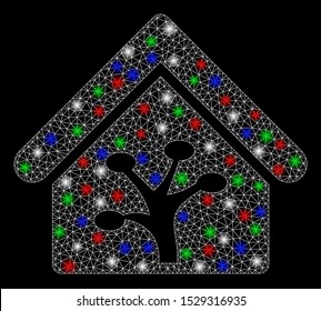 Bright mesh plant glasshouse with glare effect. White wire frame polygonal mesh in vector format on a black background. Abstract 2d mesh built from triangles, small circle, colorful glare spots.
