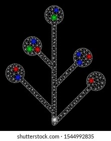 Bright mesh plant with glow effect. White wire carcass triangular mesh in vector format on a black background. Abstract 2d mesh designed with polygonal grid, round dots, colorful flash spots.