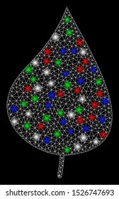 Bright mesh plant leaf with glare effect. White wire carcass polygonal mesh in vector format on a black background. Abstract 2d mesh built from polygonal grid, dots, colorful glare spots.