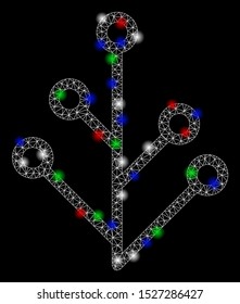 Bright mesh plant with lightspot effect. White wire carcass triangular network in vector format on a black background. Abstract 2d mesh designed with triangles, spheric points, colored flare spots.
