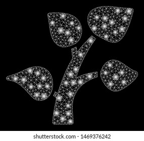 Bright mesh plant sprout with glare effect. Abstract illuminated model of plant sprout icon. Shiny wire frame triangular mesh plant sprout. Vector abstraction on a black background.