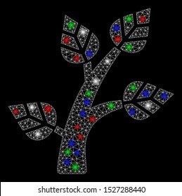 Bright mesh plant tree with glare effect. White wire carcass triangular mesh in vector format on a black background. Abstract 2d mesh designed with triangles, round dots, colored flash spots.