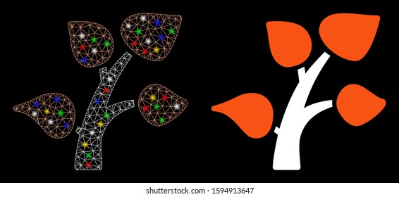 Bright mesh plant tree icon with glitter effect. Abstract illuminated model of plant tree. Shiny wire frame triangular mesh plant tree icon. Vector abstraction on a black background.
