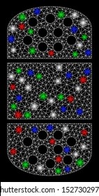 Bright mesh plaster with glow effect. White wire carcass polygonal mesh in vector format on a black background. Abstract 2d mesh created from polygonal grid, dots, colored glare spots.