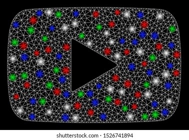 Bright mesh play video with lightspot effect. White wire frame triangular network in vector format on a black background. Abstract 2d mesh designed with triangular lines, points, colorful flare spots.