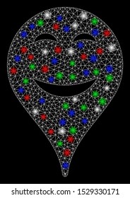 Bright mesh pleasure smiley map marker with lightspot effect. White wire carcass triangular mesh in vector format on a black background. Abstract 2d mesh designed with polygonal grid, points,