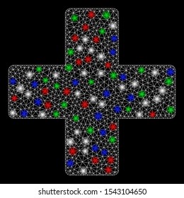 Bright mesh plus with glow effect. White wire frame triangular mesh in vector format on a black background. Abstract 2d mesh designed with triangular lines, dots, colored light spots.