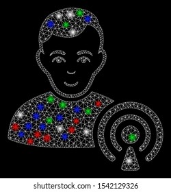 Bright mesh podcast creator with glare effect. White wire frame polygonal mesh in vector format on a black background. Abstract 2d mesh built from polygonal grid, dots, colored glare spots.