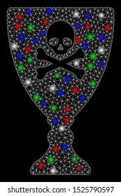 Bright mesh poison cup with glow effect. White wire frame triangular network in vector format on a black background. Abstract 2d mesh designed with triangular lines, dots, colorful glare spots.