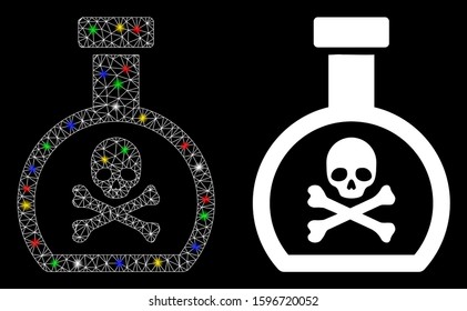Bright mesh poison retort icon with glow effect. Abstract illuminated model of poison retort. Shiny wire carcass triangular mesh poison retort icon. Vector abstraction on a black background.