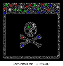 Bright mesh poison skull calendar page with glow effect. White wire frame polygonal network in vector format on a black background. Abstract 2d mesh designed with polygonal grid, round dots,