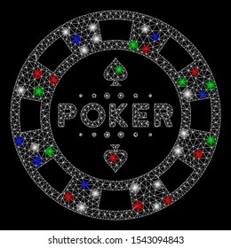 Bright mesh poker casino chip with glare effect. White wire carcass polygonal mesh in vector format on a black background. Abstract 2d mesh designed with triangles, round dots, colored flash spots.