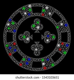 Bright mesh poker casino chip with glow effect. White wire frame polygonal mesh in vector format on a black background. Abstract 2d mesh designed with polygonal grid, round dots, colored glare spots.